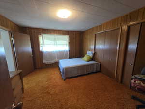 Bedroom with light carpet, wood walls, and two closets