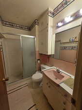 Full bath with vanity, tile walls, and a stall shower