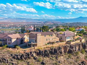 Aerial view of residential area with mountains