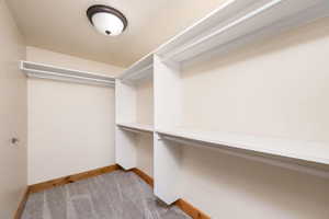 Walk in closet with light colored carpet
