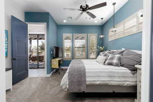 Bedroom featuring access to exterior, carpet, ceiling fan, and recessed lighting