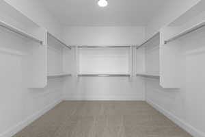Spacious closet featuring light colored carpet