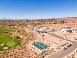 Aerial view of a mountainous background and a desert landscape