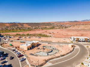 Bird's eye view of a mountainous background and a desert landscape