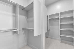 Spacious closet with light carpet