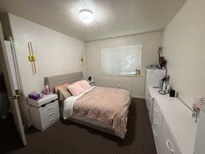 Bedroom featuring a textured ceiling and dark carpet