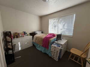 Bedroom featuring a textured ceiling and dark colored carpet