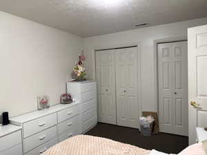 Bedroom featuring multiple closets, a textured ceiling, and dark carpet