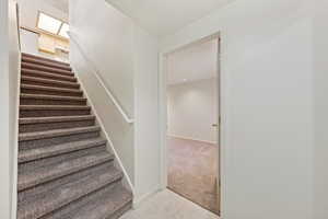 Stairs with carpet and tile patterned flooring