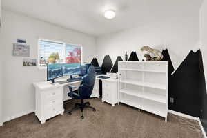 Home office with light colored carpet and baseboards