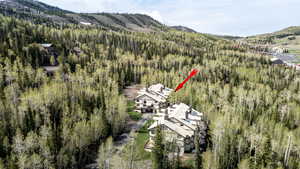 Aerial view showing ski runs in the background