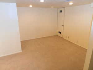 Finished below grade area with a textured ceiling, light colored carpet, and recessed lighting