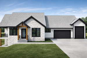 Modern farmhouse featuring a front yard, a shingled roof, an attached garage, stone siding, and concrete driveway