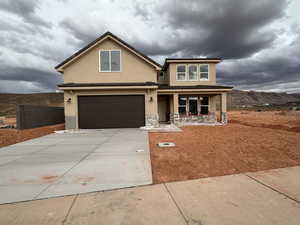 View of front of home featuring stucco siding, a porch, concrete driveway, a garage, and stone siding