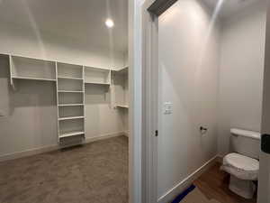 Bathroom with a spacious closet and recessed lighting