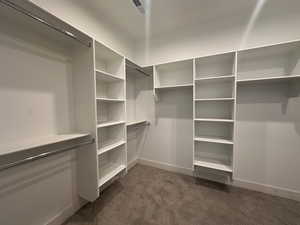 Walk in closet featuring dark carpet