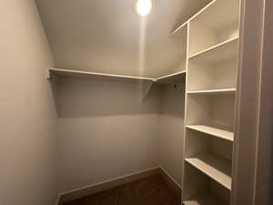 Walk in closet with dark carpet