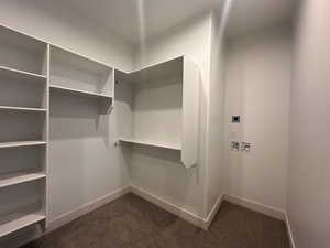 Walk in closet with dark carpet