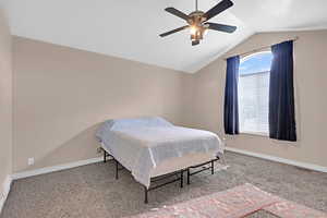 Carpeted bedroom with lofted ceiling and ceiling fan