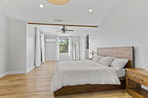 Bedroom featuring light wood-type flooring, recessed lighting, and ceiling fan