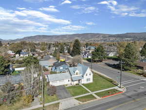Aerial perspective of suburban area with mountains