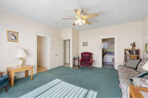 Carpeted living area featuring ornamental molding, a textured ceiling, and a ceiling fan