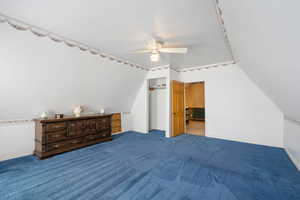 Additional living space featuring carpet flooring, vaulted ceiling, and ceiling fan