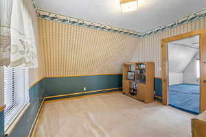 Spare room with wallpapered walls, plenty of natural light, carpet floors, a textured ceiling, and a wainscoted wall