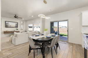 Dining space featuring light wood-type flooring, ceiling fan, healthy amount of natural light, and recessed lighting