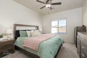 Bedroom featuring light colored carpet and ceiling fan
