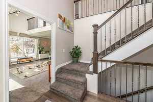Stairs with a high ceiling, carpet, and wood finished floors