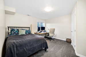 Bedroom featuring carpet and an office area