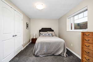 Carpeted bedroom with a closet and a textured ceiling