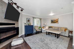 Family room area  off kitchen featuring dark wood-style floors, crown molding, a glass covered fireplace, and a textured ceiling