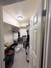 Spacious closet featuring light colored carpet