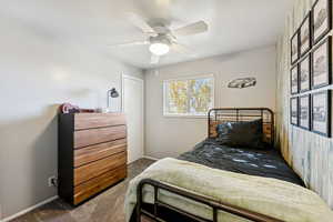 Bedroom featuring carpet floors and a ceiling fan