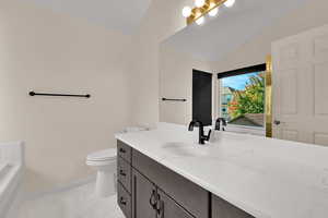 Bathroom featuring vanity, a bathtub, and lofted ceiling
