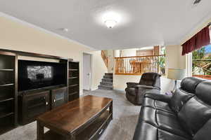 Living area with ornamental molding, light carpet, stairway, and a textured ceiling