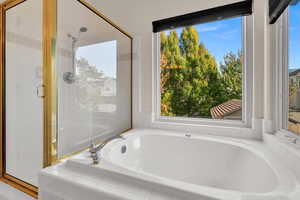Full bathroom featuring a garden tub and a stall shower