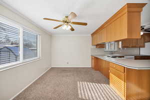 Kitchen featuring ceiling fan, light countertops, light carpet, crown molding, and a peninsula