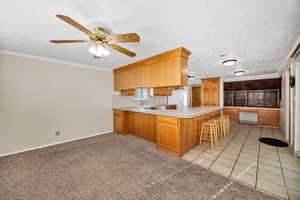 Kitchen with light carpet, ornamental molding, light countertops, white refrigerator with ice dispenser, and a textured ceiling