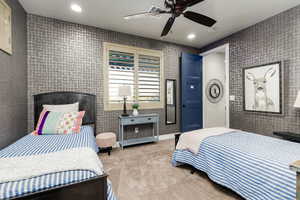 Bedroom #2 with ceiling fan, recessed lighting, and light colored carpet