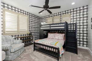 Bedroom #3 featuring wallpapered walls, ceiling fan, and recessed lighting