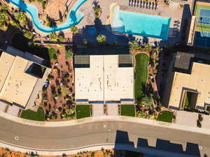 Bird's eye view of home and a pool area