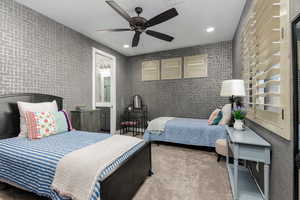 Carpeted bedroom #2 featuring ceiling fan, recessed lighting, and ensuite Jack & Jill bath