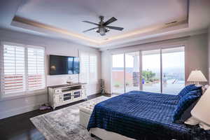 Bedroom with a raised ceiling, multiple windows, and wood finished floors