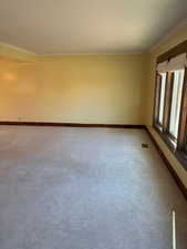 Empty room featuring carpet and ornamental molding