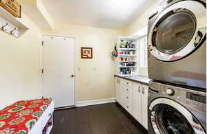 Laundry room featuring dark wood-type flooring, stacked washer and clothes dryer, and cabinet space