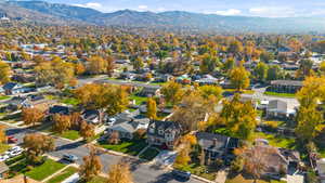 Aerial view of residential area with a mountain backdrop