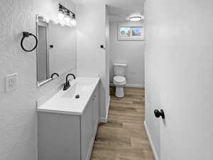 Bathroom featuring a textured wall, light wood finished floors, and vanity